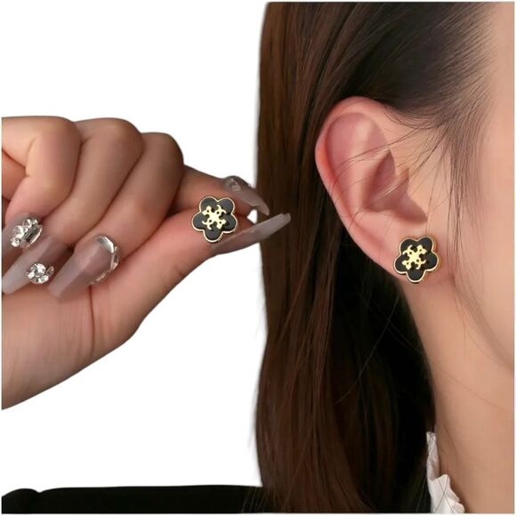 Designer Inspired Tory Black Gold Stud Earrings - Picture 1 of 8